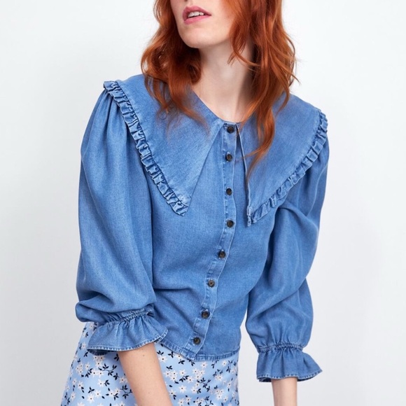 Zara Blue Denim Blouse with Ruffle Details. Size XS - Picture 1 of 7